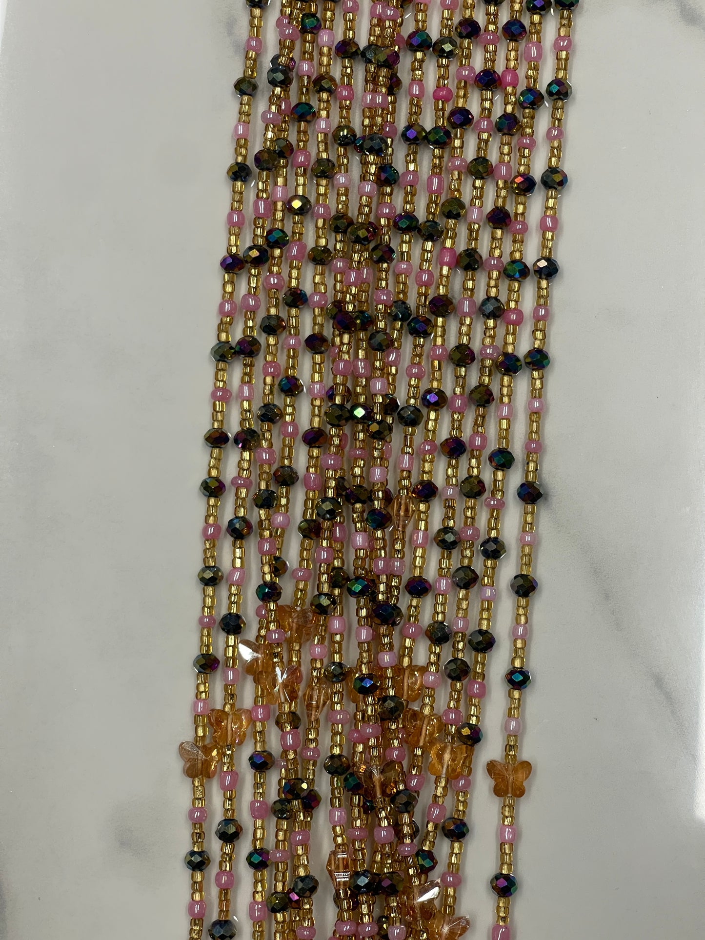 All Love - Pink Green and gold glass waistbead